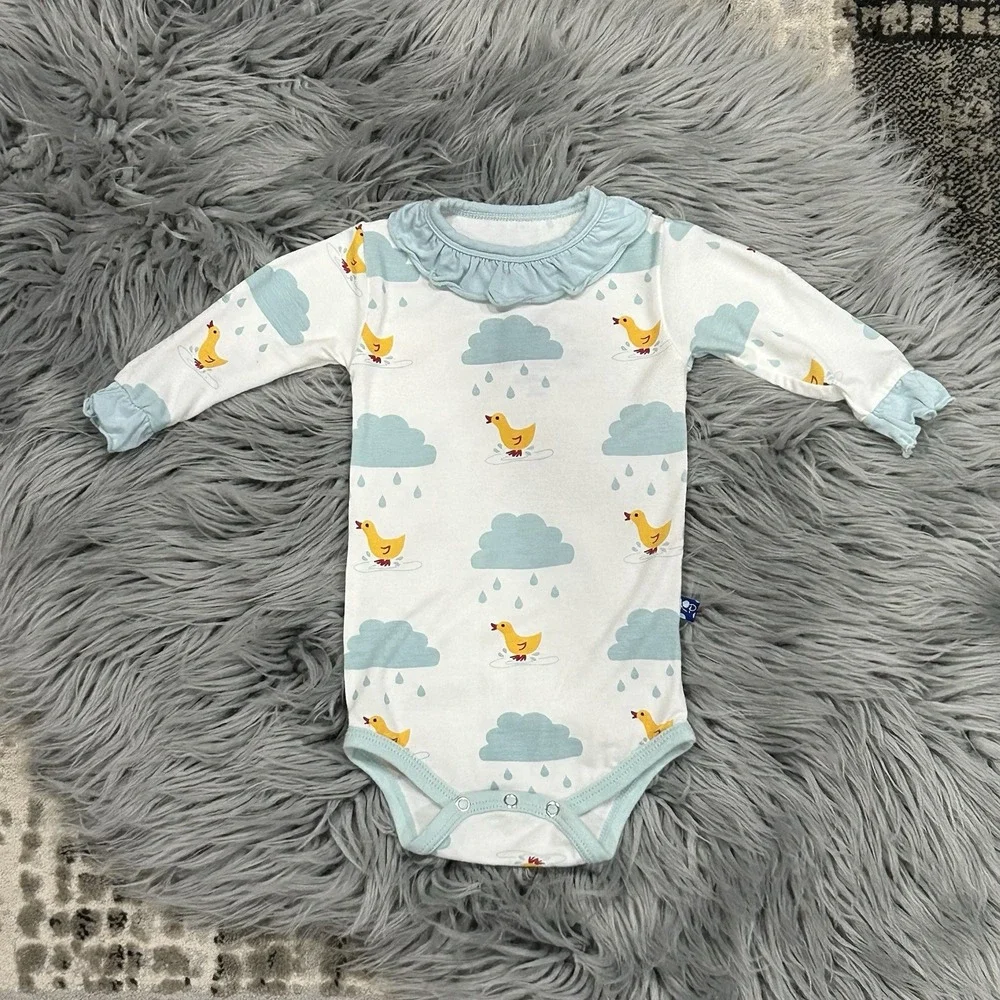 Kickee Pants‎ Bamboo Natural Puddle Duck Print Ruffled Bodysuit Size 3-6 Month